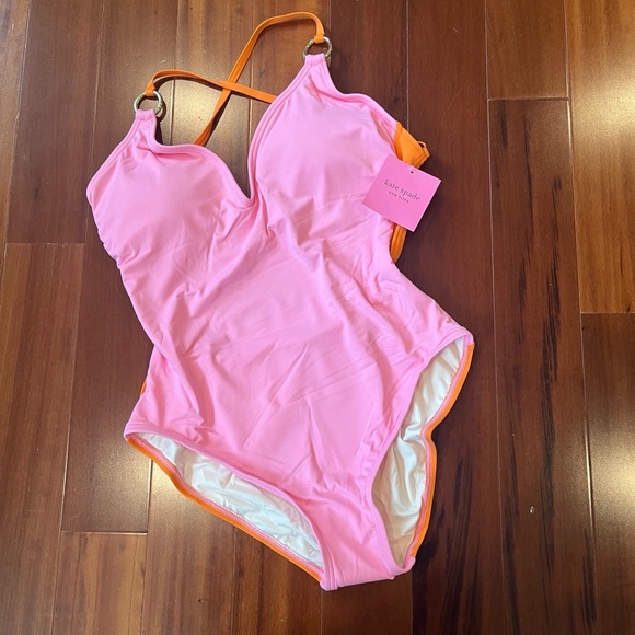 New NWT Kate Spade Surf Pink Orange Swimsuit Solid One-Piece Swim Size Large - Picture 1 of 6